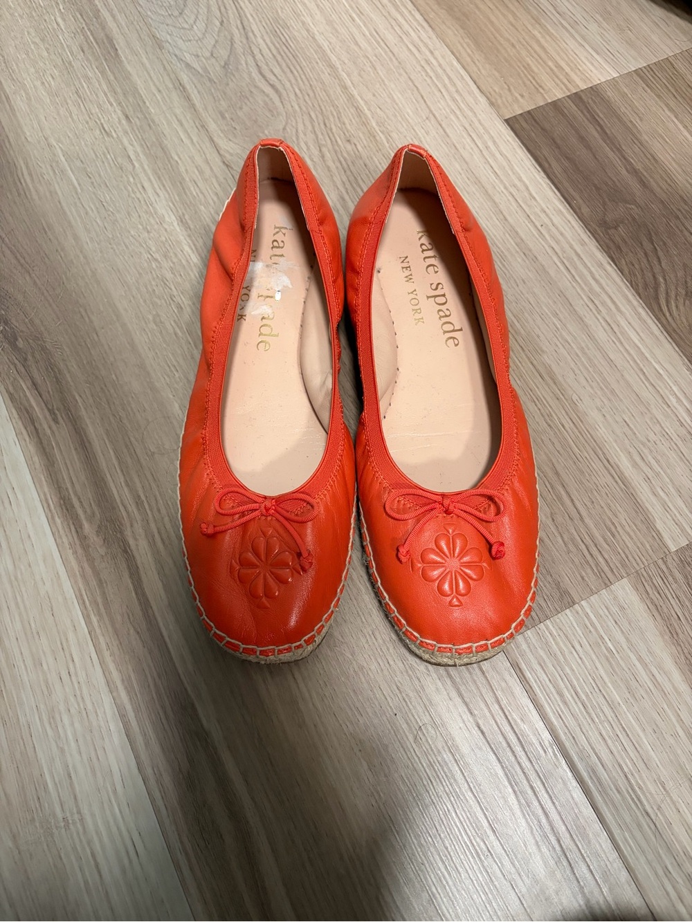 kate spade Orange Leather Espadrille Ballet Flats with Floral Stitch
